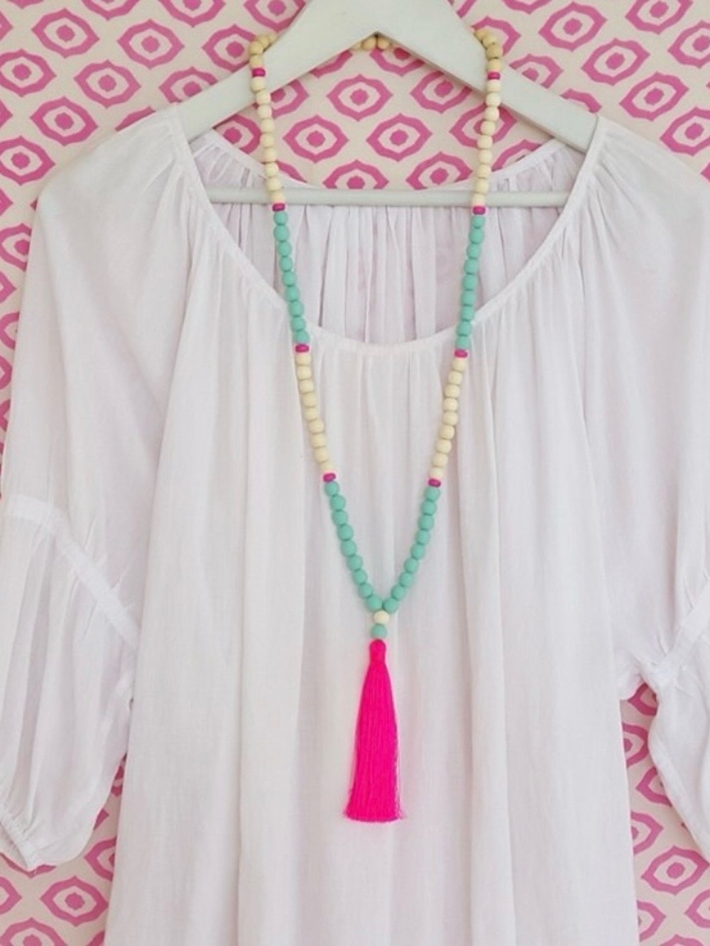Long Boho beaded wooden bead tassel necklace - Hot Pink Tassel and Aqua Beads